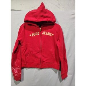 Y2K Polo Ralph Lauren Fullzip Red Call Out Logo Hoodie Sweatshirt Medium Stained